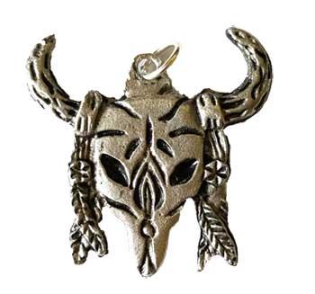 Bull Skull With Feathers Amulet