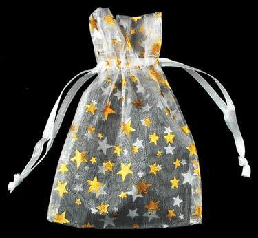 2 3-4" X 3" White Organza W- Gold Stars