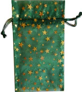 3" X 4" Green Organza Pouch With Gold Stars