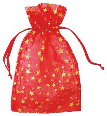 4" X 5" Red Organza W- Gold Stars