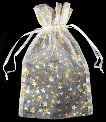 4" X 5" White Organza W- Gold Stars